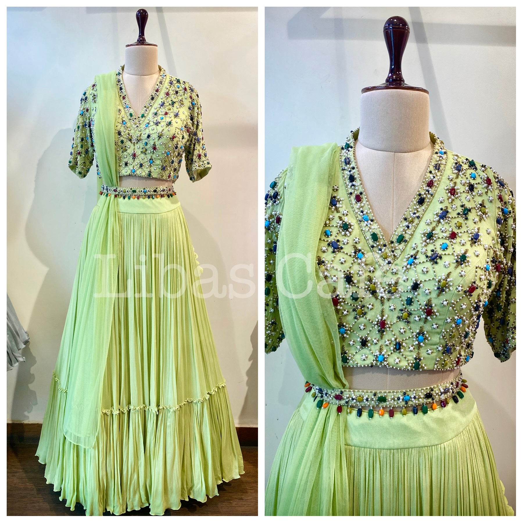 Pastel Green Stone Embroidered Belt Lehenga